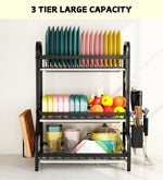 3 Tier Dish Drying Rack with Utensil Holder and Cutting Board, Black - detail view