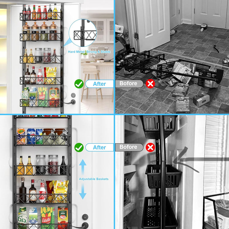 6 Tier Over Door Pantry Organiser with Adjustable Baskets Black - size and scale view