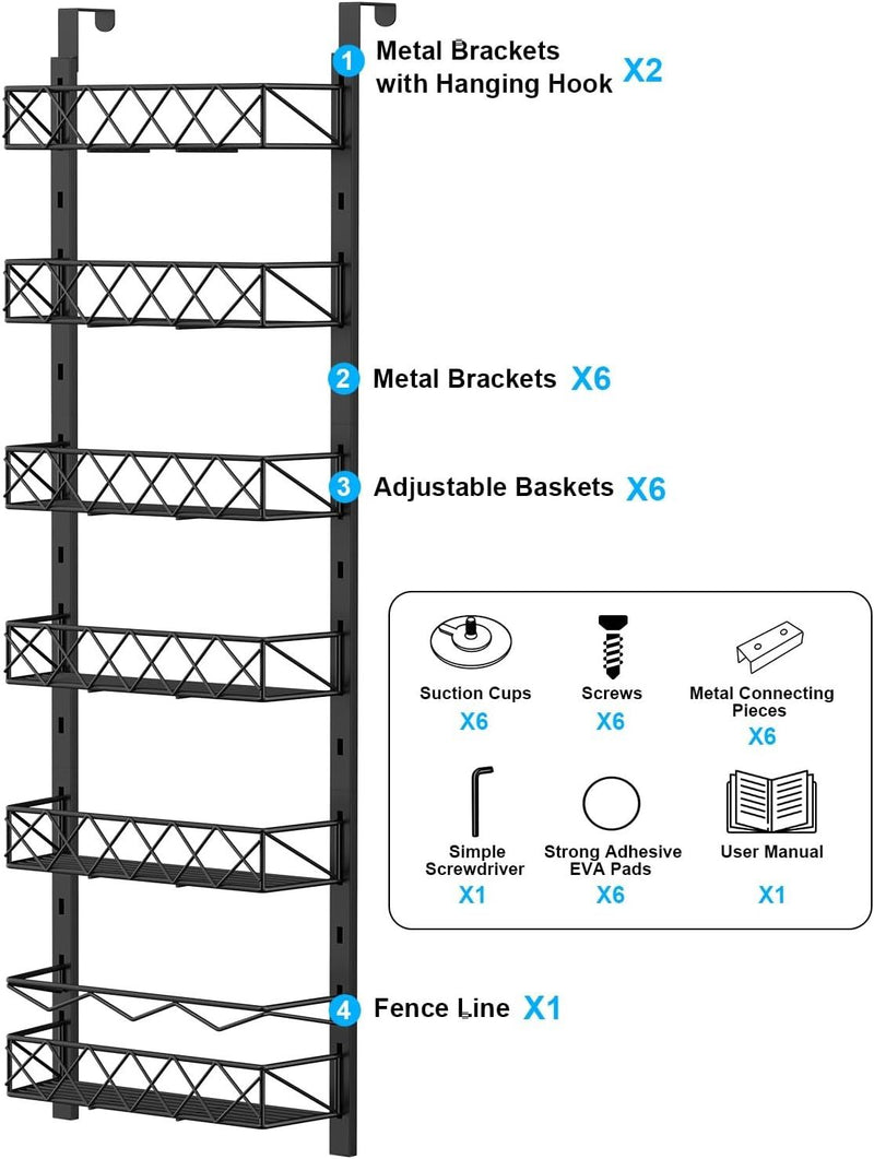 6 Tier Over Door Pantry Organiser with Adjustable Baskets Black