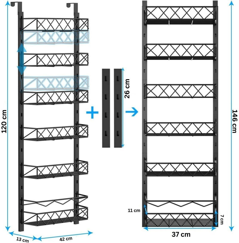 6 Tier Over Door Pantry Organiser with Adjustable Baskets Black