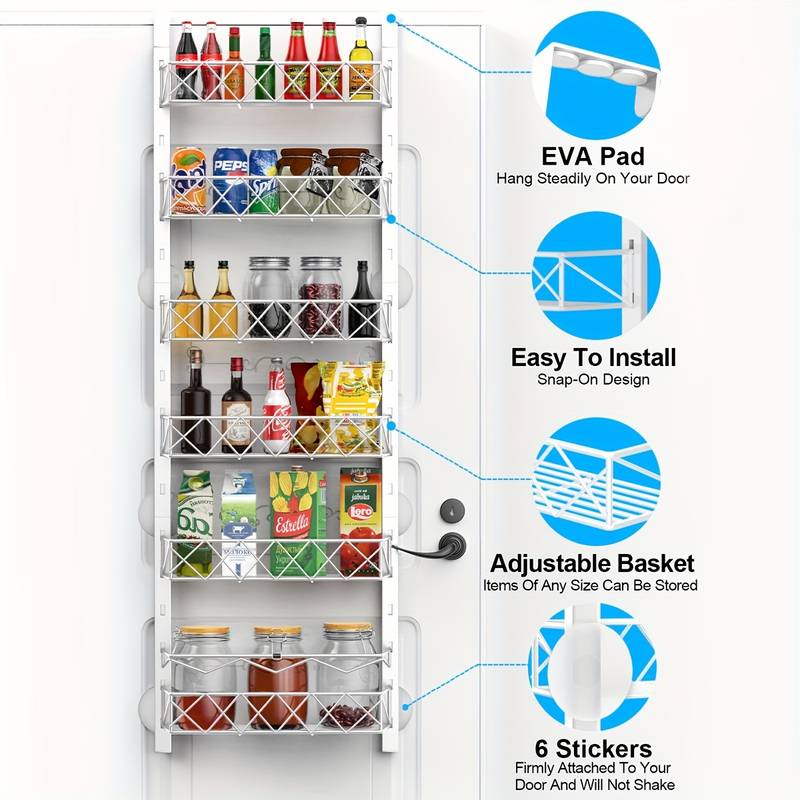 6 Tier Over Door Pantry Organiser with Adjustable Baskets White - detail view