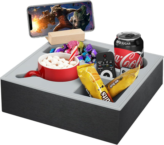 Couch Cup Holder Tray with Rotatable Phone Stand, Black - main product image