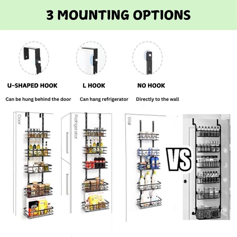 4 Tier Over Door Pantry Organiser Adjustable Baskets Black - size and scale view