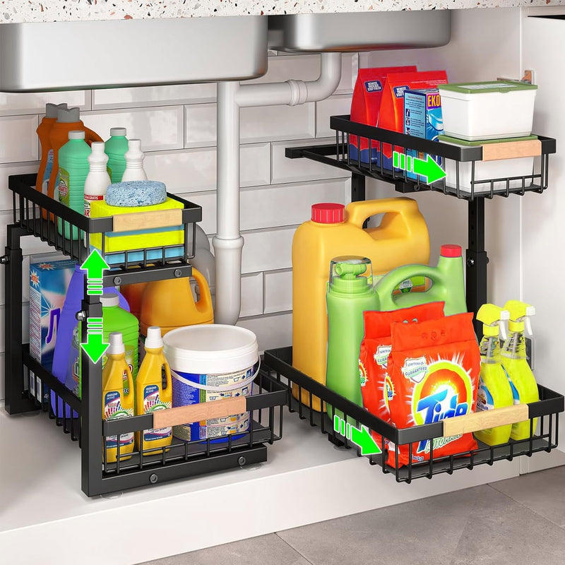 2 Pack Under Sink Organiser with Adjustable Height - Black - main product image