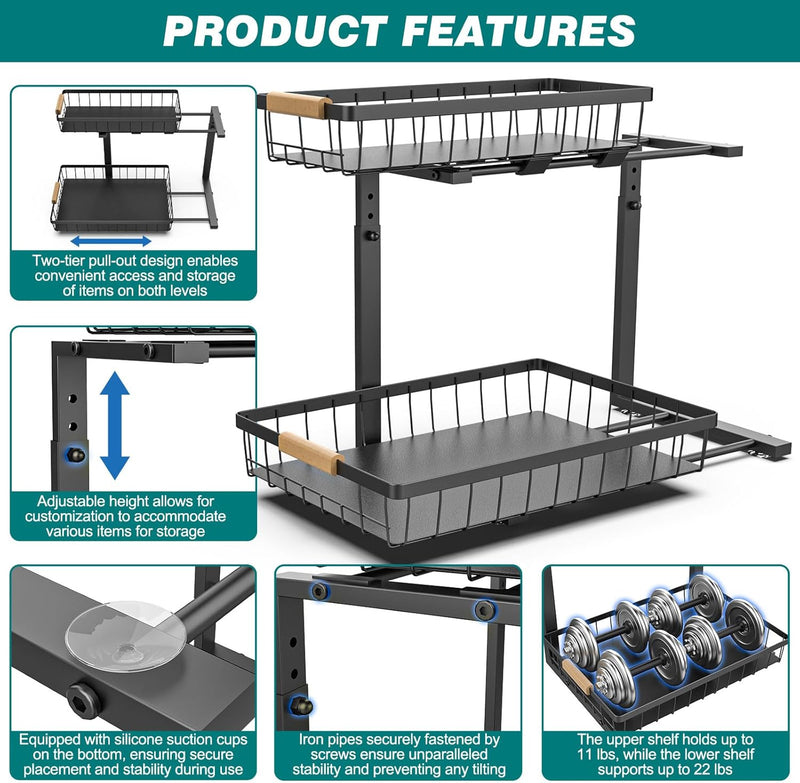 2 Pack Under Sink Organiser with Adjustable Height - Black - detail view