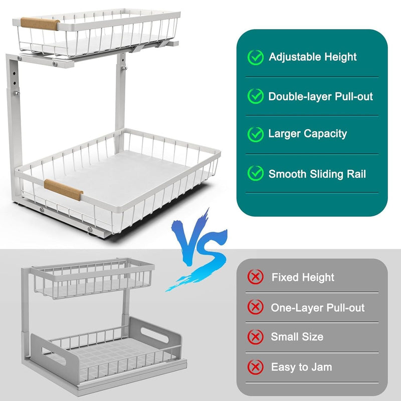 2 Pack Under Sink Organiser with Adjustable Height - White