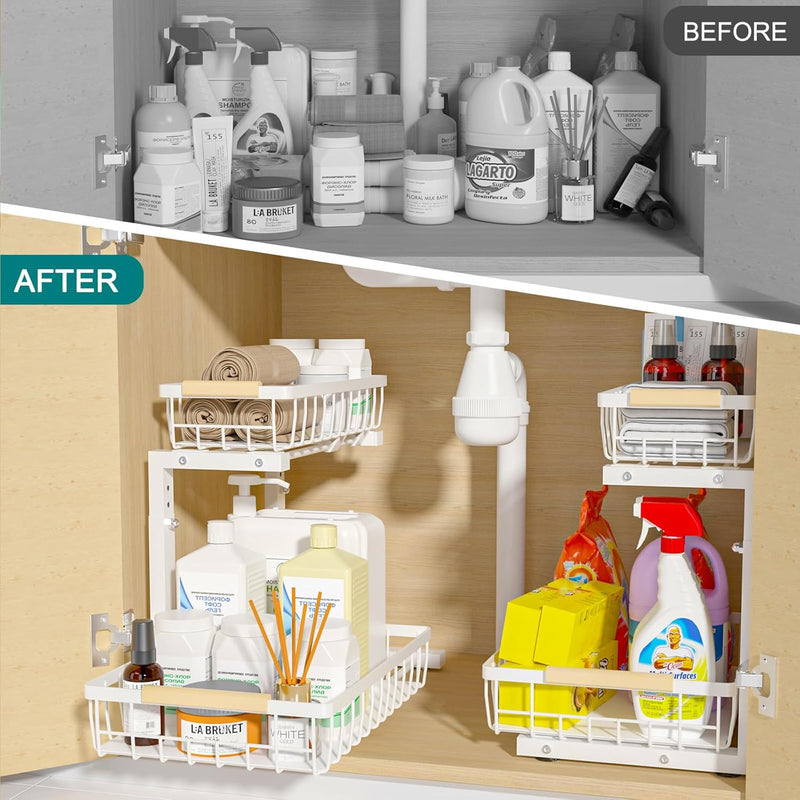 2 Pack Under Sink Organiser with Adjustable Height - White