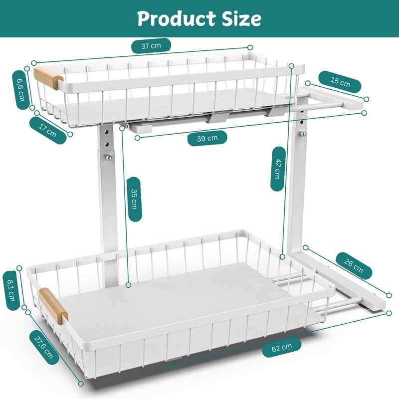 2 Pack Under Sink Organiser with Adjustable Height - White