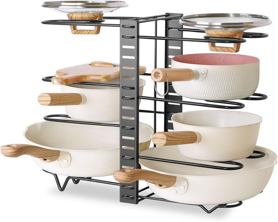 Adjustable 8-Tier Pan Rack Pot Organiser for Kitchen, Black - main product image