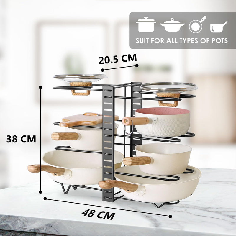 Adjustable 8-Tier Pan Rack Pot Organiser for Kitchen, Black - detail view