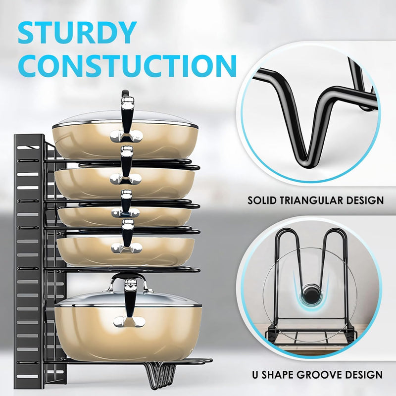 Adjustable 8-Tier Pan Rack Pot Organiser for Kitchen, Black - size and scale view