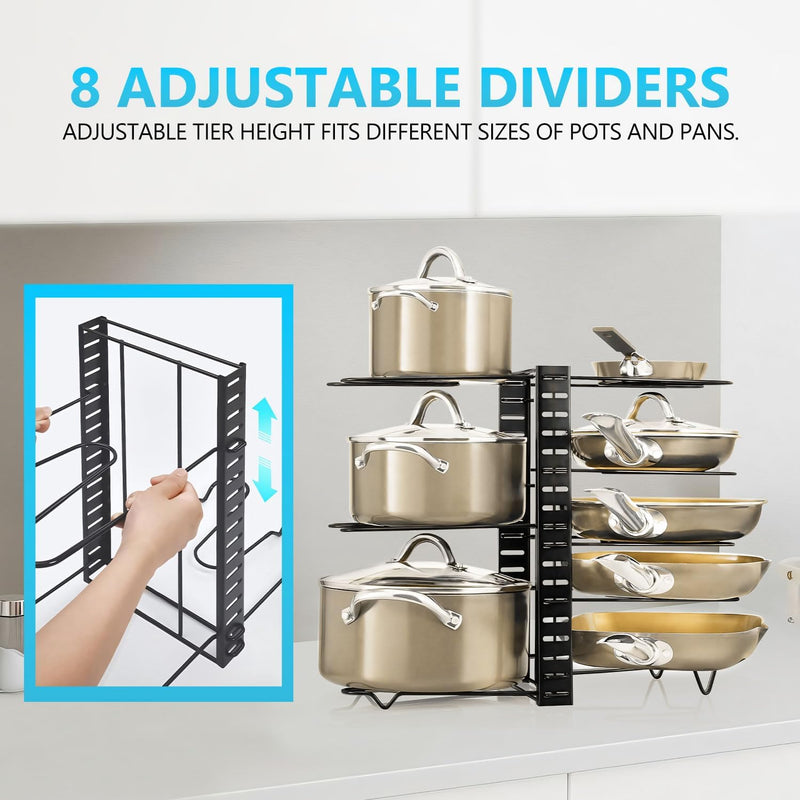Adjustable 8-Tier Pan Rack Pot Organiser for Kitchen