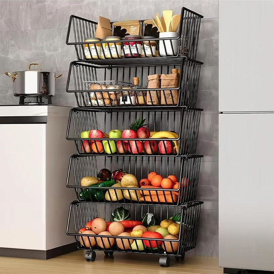 5 Tier Rolling Metal Vegetable and Fruit Basket Cart, Black - main product image