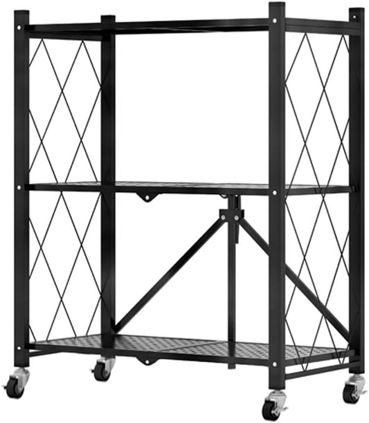 3-Tier Foldable Storage Shelf with Wheels for Kitchen, Black - main product image