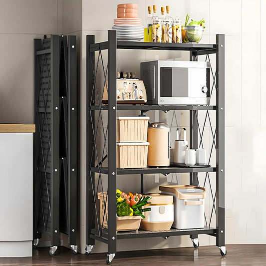 4-Tier Foldable Storage Shelf with Wheels for Kitchen, Black - main product image