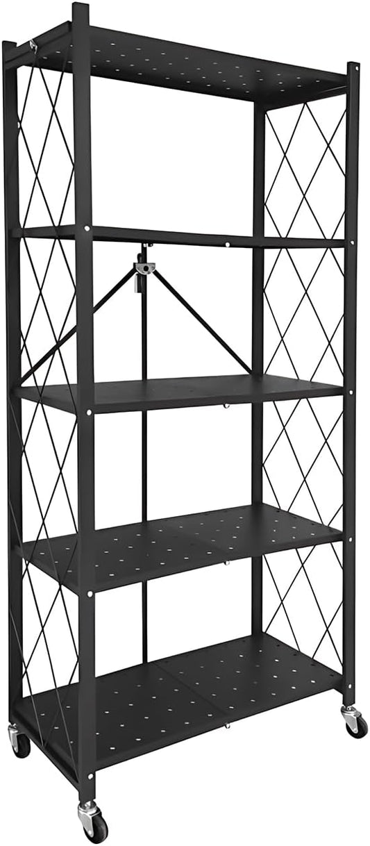 5-Tier Foldable Storage Shelf with Wheels for Kitchen, Black - main product image