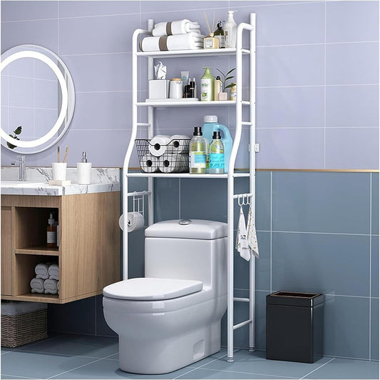 3-Tier Over Toilet Storage Rack with Hooks and Paper Holder, White - main product image