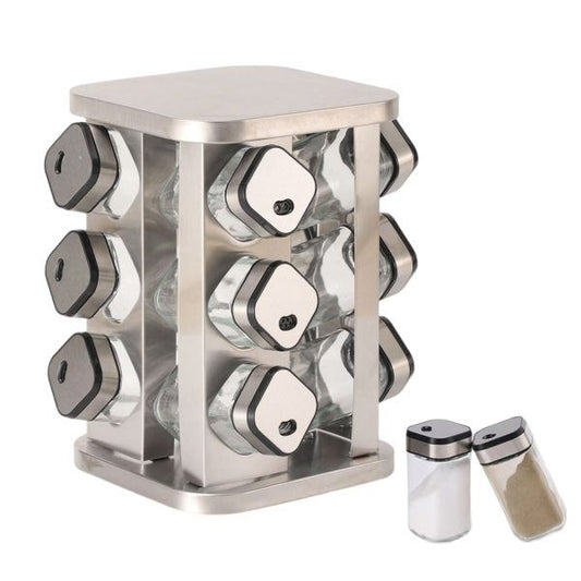 Rotating Spice Rack with 12 Glass Jars for Kitchen, Silver - main product image