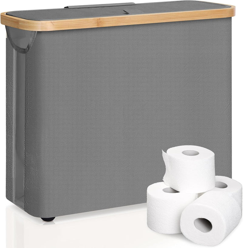 Toilet Paper Storage Basket Holds 12 Rolls with Bamboo Lid, Grey - main product image