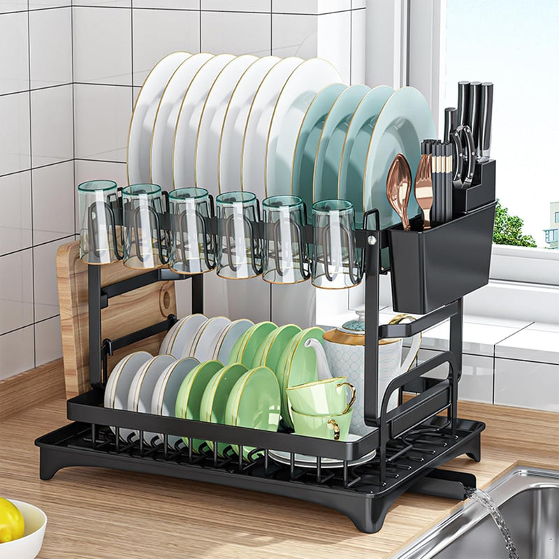 2 Tier Dish Drying Rack with Drainage Tray and Accessories Holder, Black - main product image