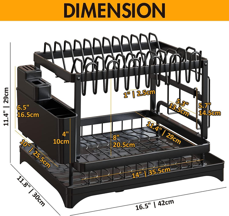 2 Tier Dish Drying Rack with Drainage Tray and Accessories Holder, Black - alternate angle