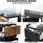 2 Tier Dish Drying Rack with Drainage Tray and Accessories Holder, Black - detail view