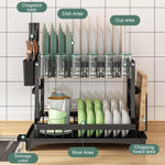 2 Tier Dish Drying Rack with Drainage Tray and Accessories Holder, Black - size and scale view