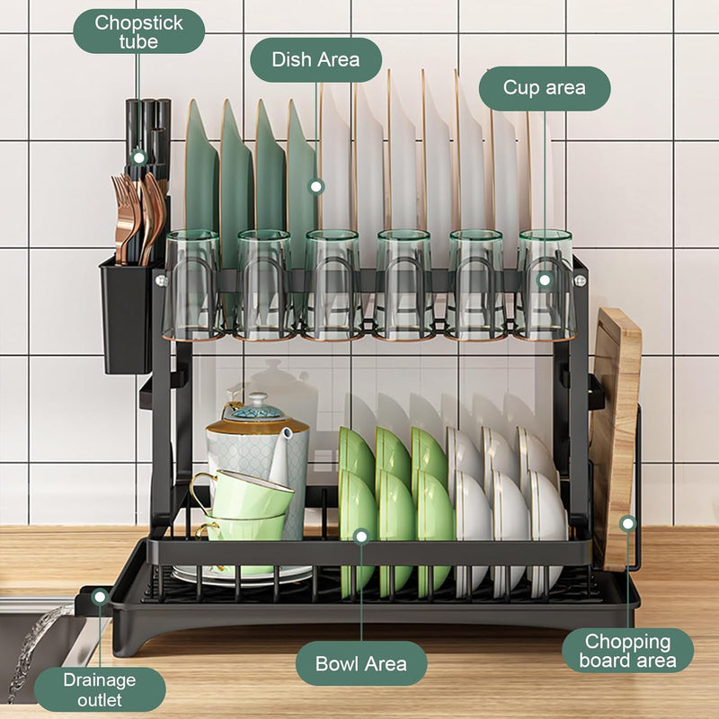 2 Tier Dish Drying Rack with Drainage Tray and Accessories Holder, Black - size and scale view