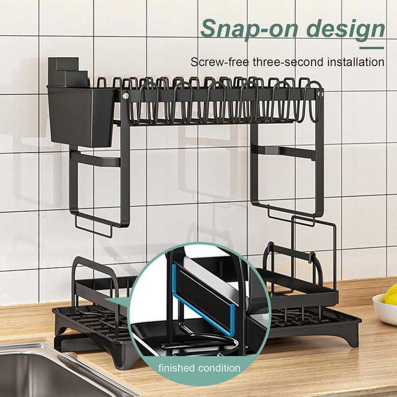 2 Tier Dish Drying Rack with Drainage Tray and Accessories Holder, Black - additional product view