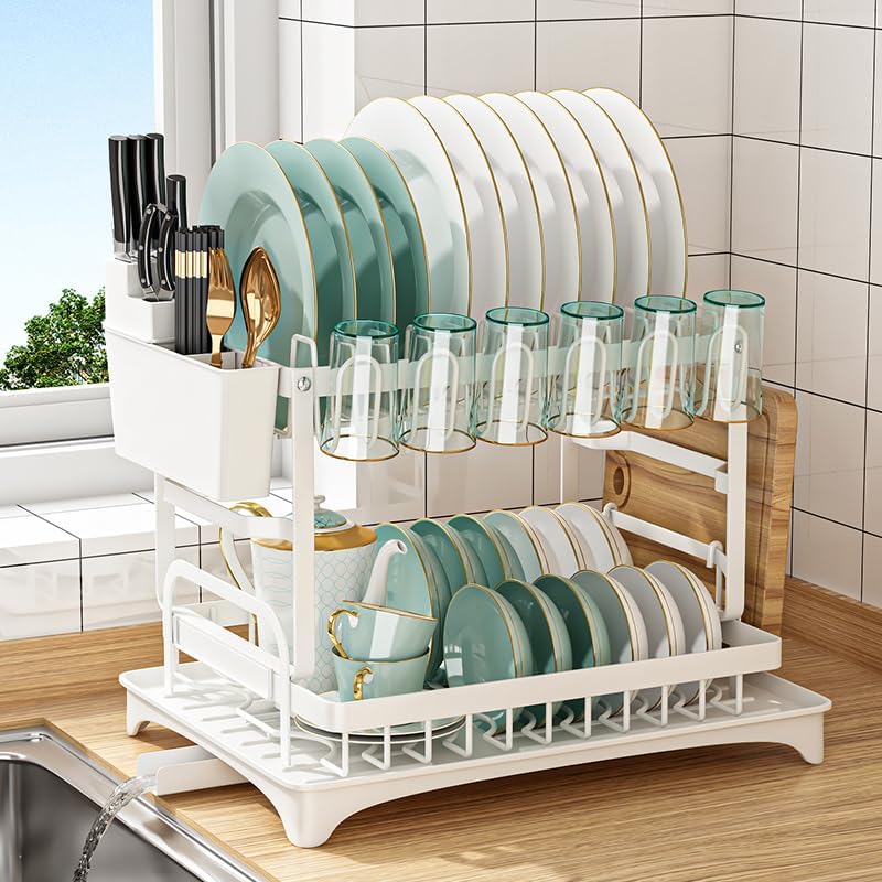 2 Tier Dish Drying Rack with Drainage Tray and Accessories Holder, White - main product image