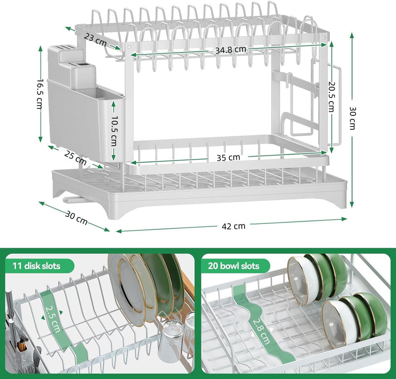 2 Tier Dish Drying Rack with Drainage Tray and Accessories Holder, White - alternate angle