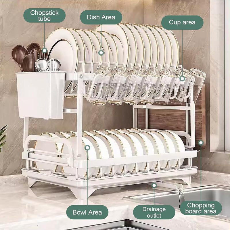 2 Tier Dish Drying Rack with Drainage Tray and Accessories Holder, White - detail view