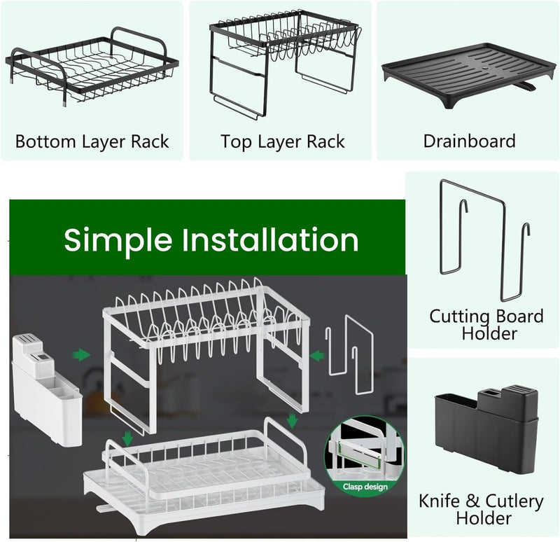 2 Tier Dish Drying Rack with Drainage Tray and Accessories Holder