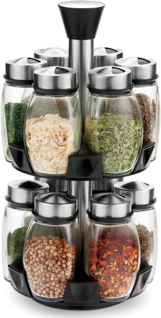 Rotating Spice Rack with 12 Glass Jars for Kitchen Storage, Black - main product image
