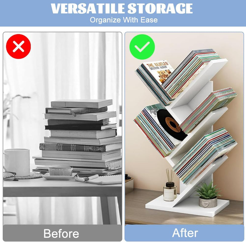 5-Tier Tree Bookshelf Storage Rack for Home Office or Bedroom, White - detail view