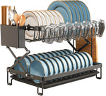 2 Tier Dish Drying Rack with Drain Tray & Utensil Holder for Kitchen, Black - main product image