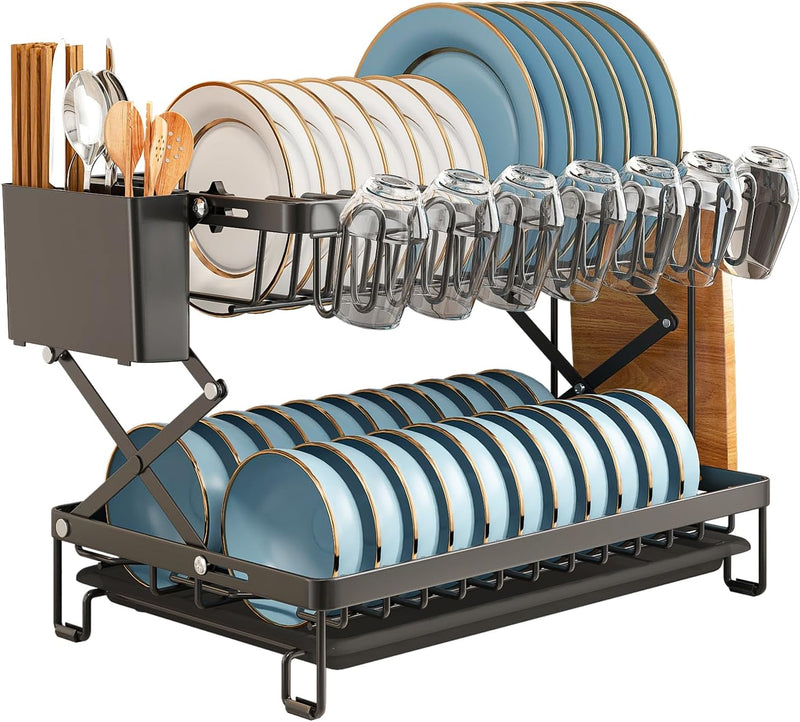 2 Tier Dish Drying Rack with Drain Tray & Utensil Holder for Kitchen, Black - main product image