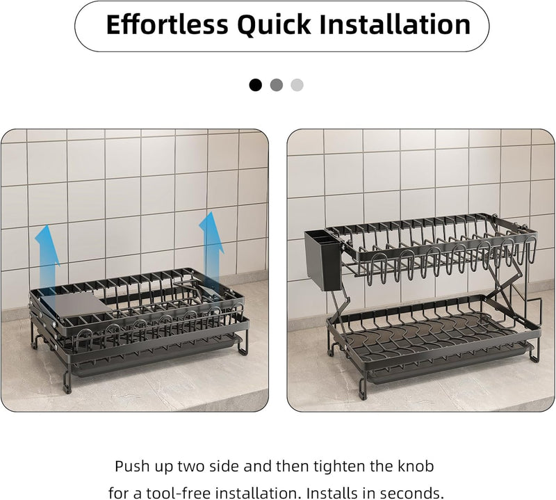 2 Tier Dish Drying Rack with Drain Tray & Utensil Holder for Kitchen, Black - size and scale view