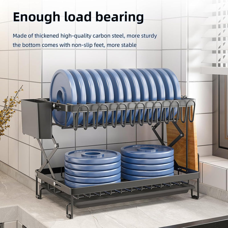 2 Tier Dish Drying Rack with Drain Tray & Utensil Holder for Kitchen