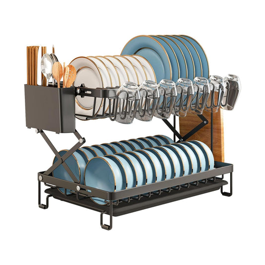 2 Tier Dish Drying Rack with Drain Tray & Utensil Holder for Kitchen, Black - main product image