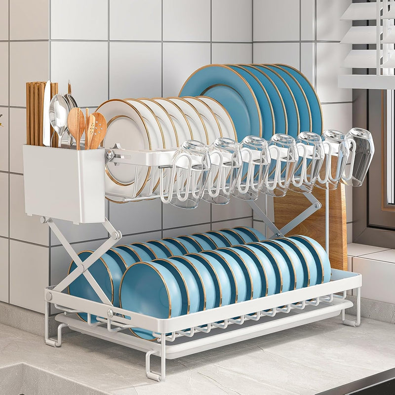 2 Tier Dish Drying Rack with Drain Tray & Utensil Holder for Kitchen, White - detail view