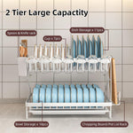 2 Tier Dish Drying Rack with Drain Tray & Utensil Holder for Kitchen, White - size and scale view