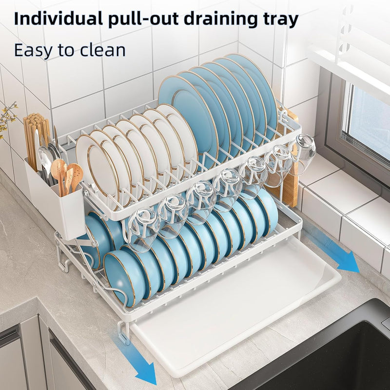 2 Tier Dish Drying Rack with Drain Tray & Utensil Holder for Kitchen, White - additional product view