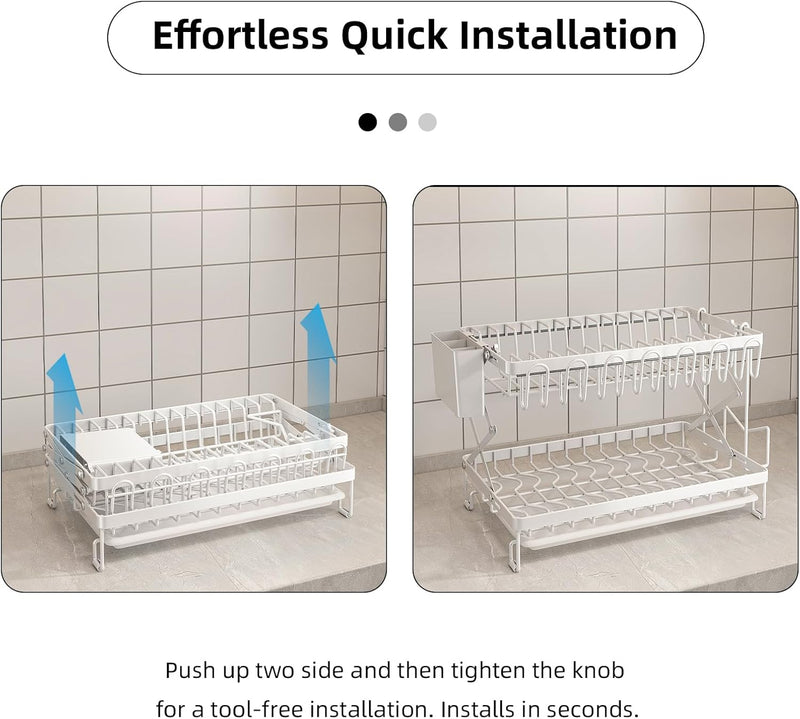 2 Tier Dish Drying Rack with Drain Tray & Utensil Holder for Kitchen