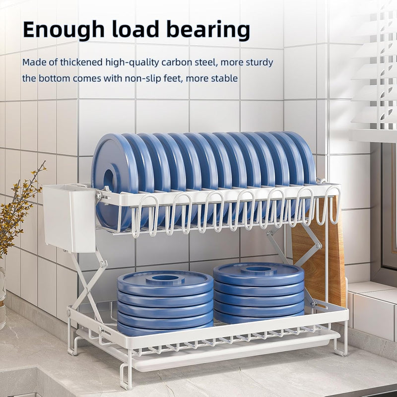2 Tier Dish Drying Rack with Drain Tray & Utensil Holder for Kitchen