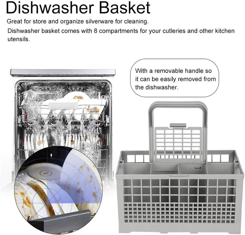 8 Slot Universal Dishwasher Cutlery Basket with Handle, Grey - size and scale view