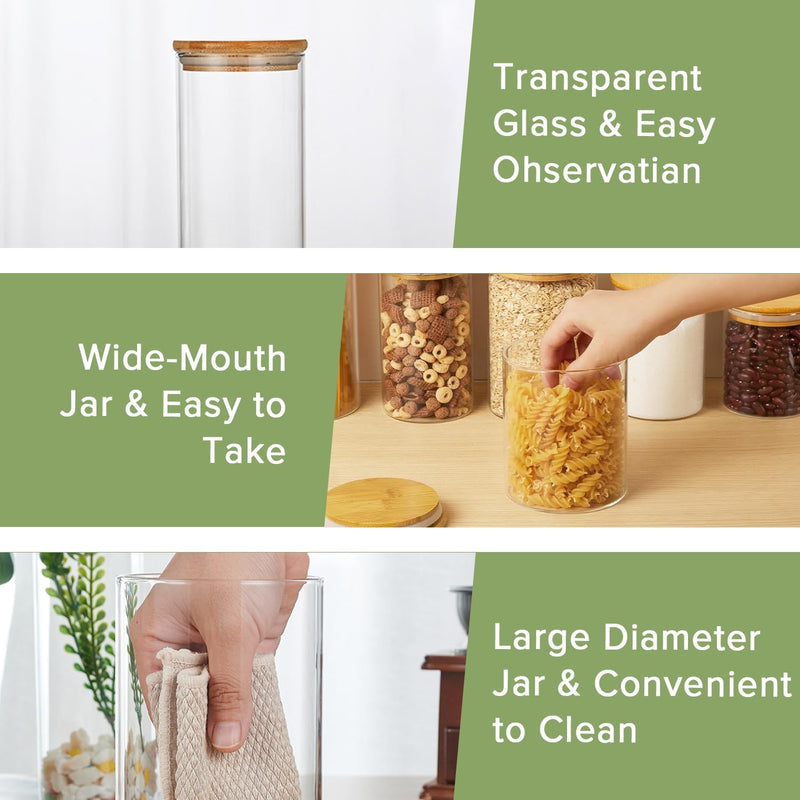 6 Pack Glass Storage Jars with Bamboo Lids for Kitchen Pantry, Natural - detail view