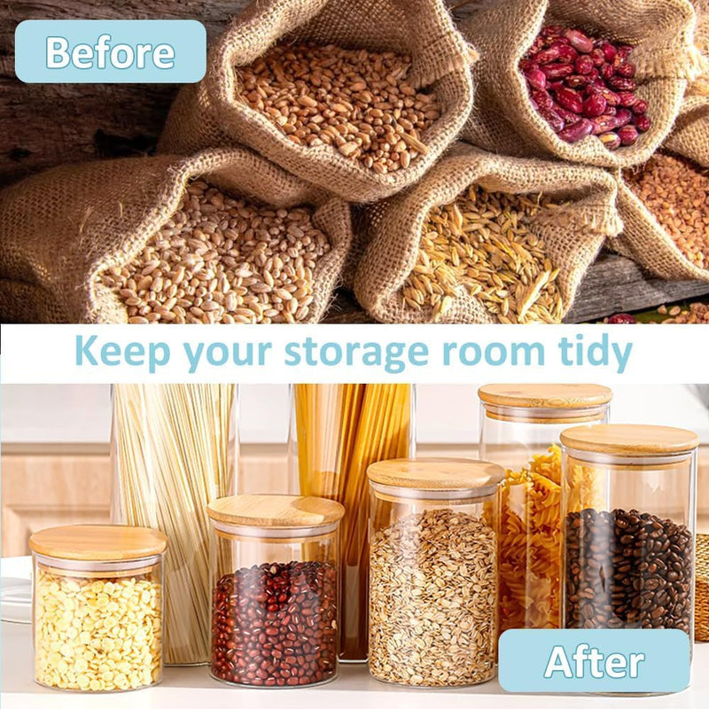 6 Pack Glass Storage Jars with Bamboo Lids for Kitchen Pantry