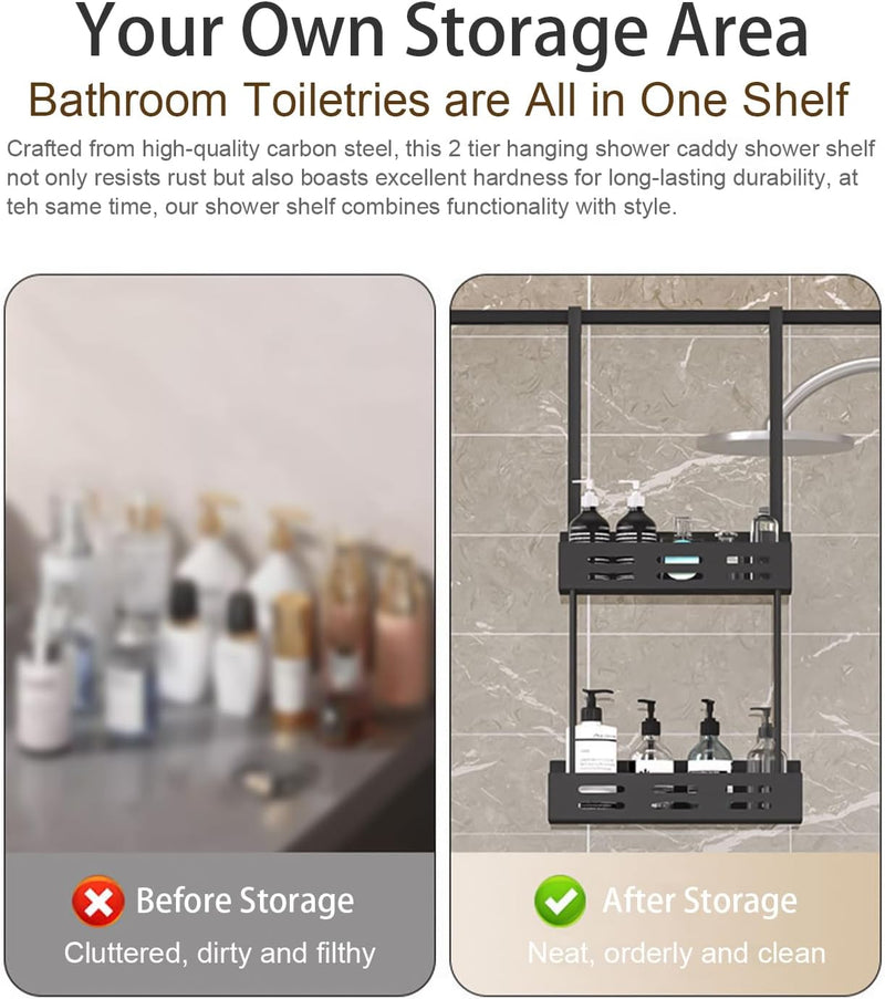 2 Tier Over Door Shower Caddy No Drilling, Black - size and scale view