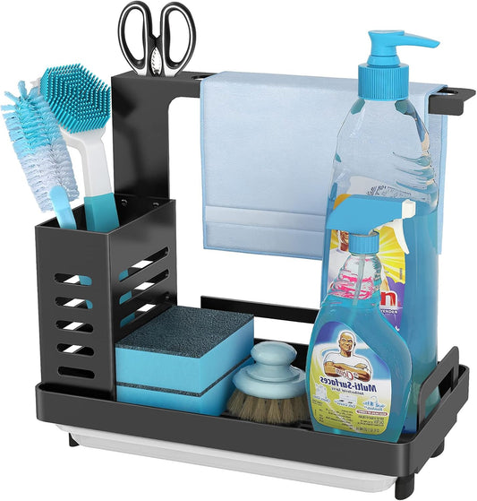 Kitchen Sink Caddy Organiser with Drain Tray and Utensil Holder, Black - main product image